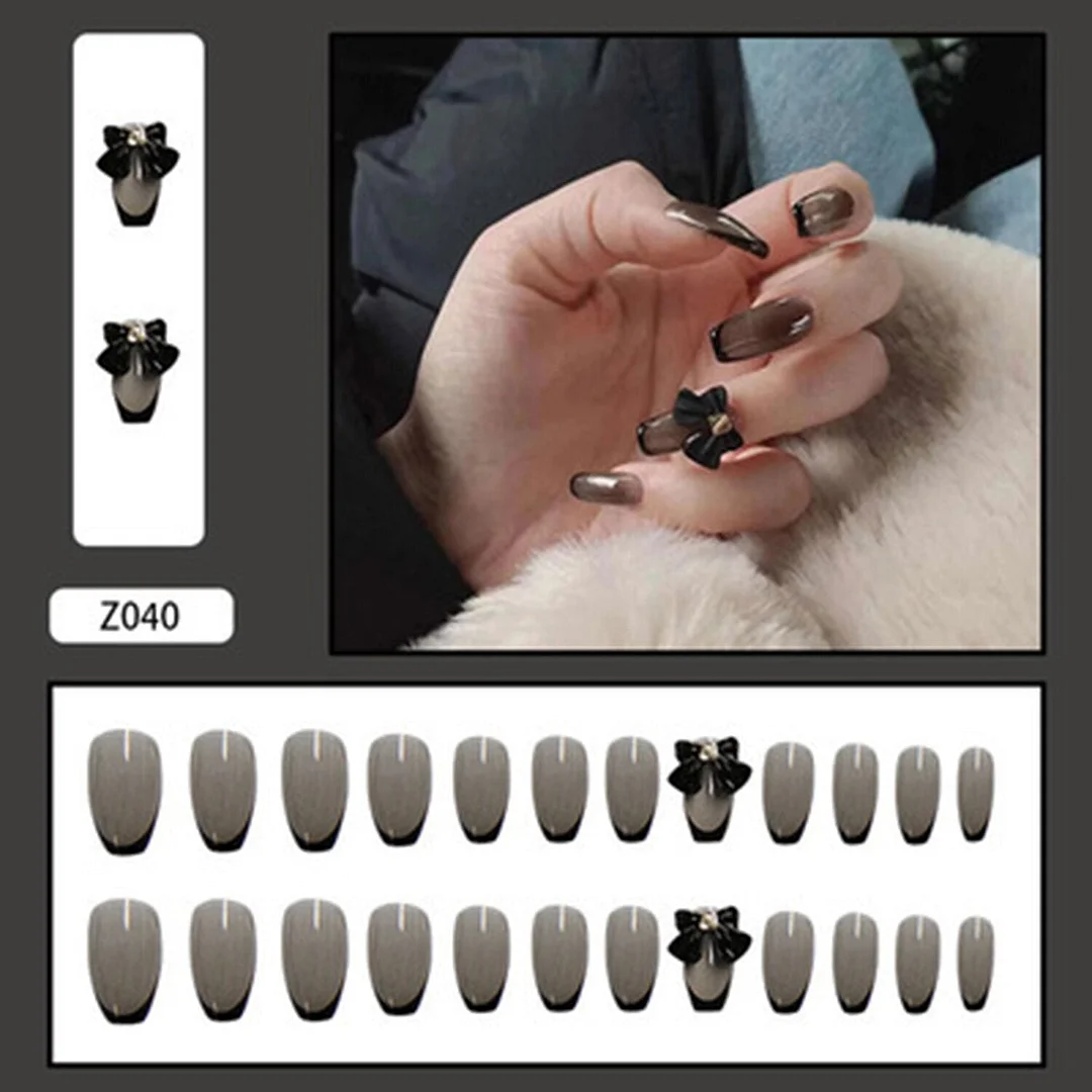 24Pcs French False Nails with Butterfly Rhinestone Designs Long Coffin Artificial Fake Nails Press on Nails With Glue Manicure 515-1-Nail Inspo