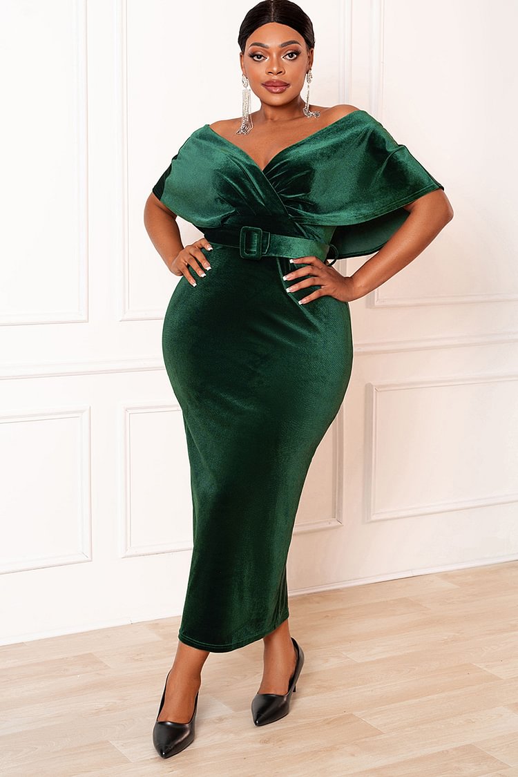 Xpluswear Design Plus Size Evening Vintage Off Shoulder Surplice Velvet Cape Sleeve Emerald Green Midi Dresses 