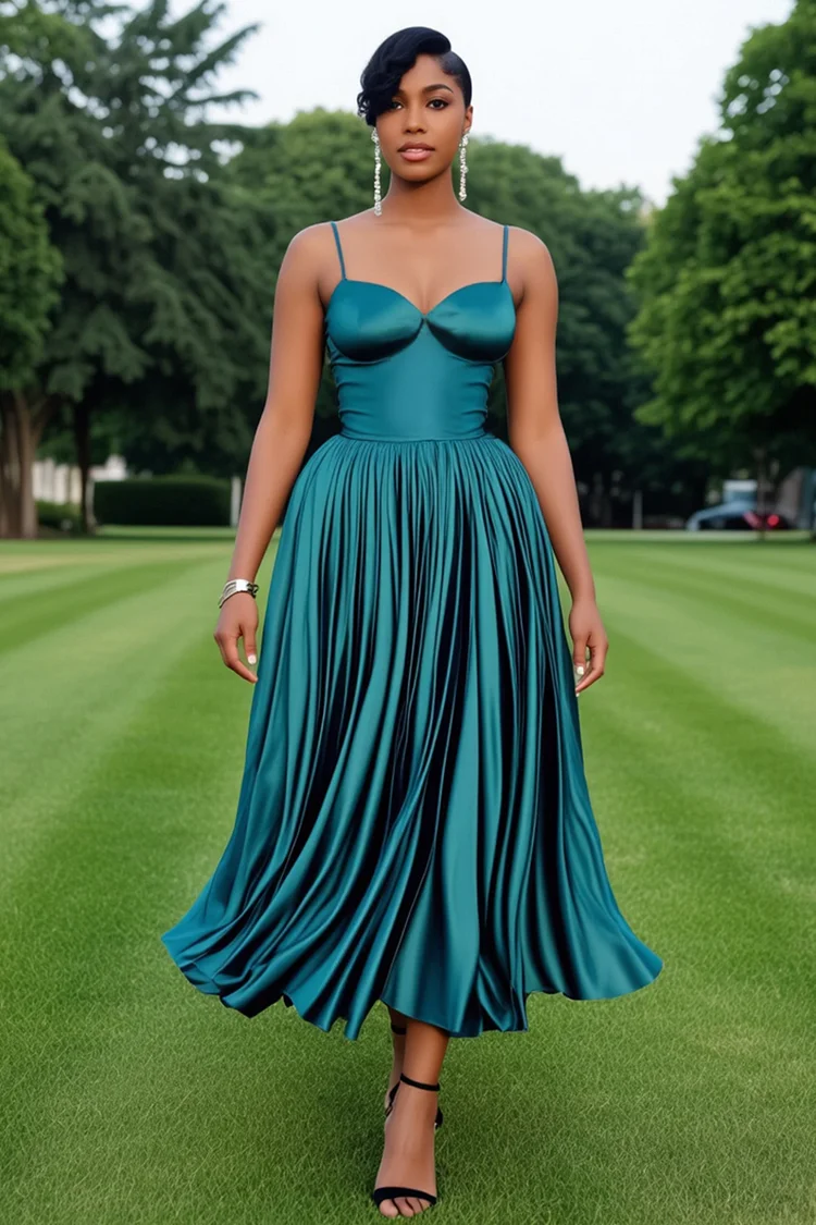 Cami Gathered Flowy Hem Satin Formal Party Maxi Dresses-Green [Pre Order]