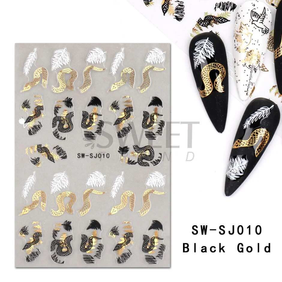 Applyw Black Gold Snake Nail Art Stickers 3D Laser Geometry Flowers Leaves Design Decals Holographic Wraps Decoration LYSW-SJ