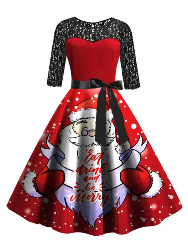 Women's Santa Claus Swing Digital Print Lace Patchwork Dress Flusfy