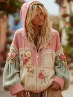 Women's Vintage Patchwork Floral Art Cozy Knitted Zip-up Hoodie