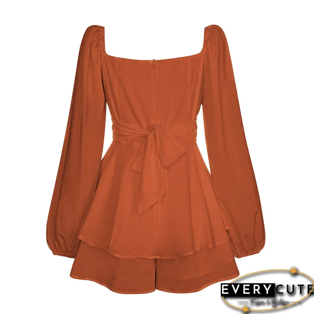 Orange Ruffle Hem Lantern Long Sleeve Romper