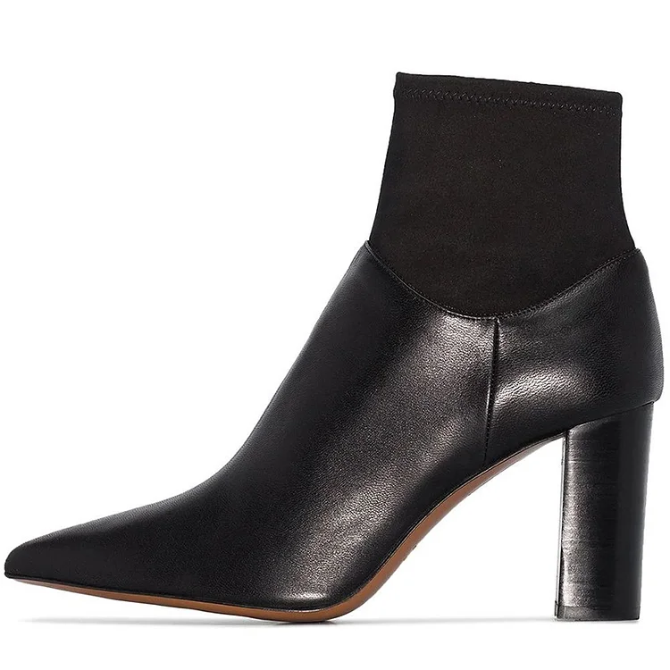 Black Pointed Toe Chunky Heel Sock Boots Vdcoo