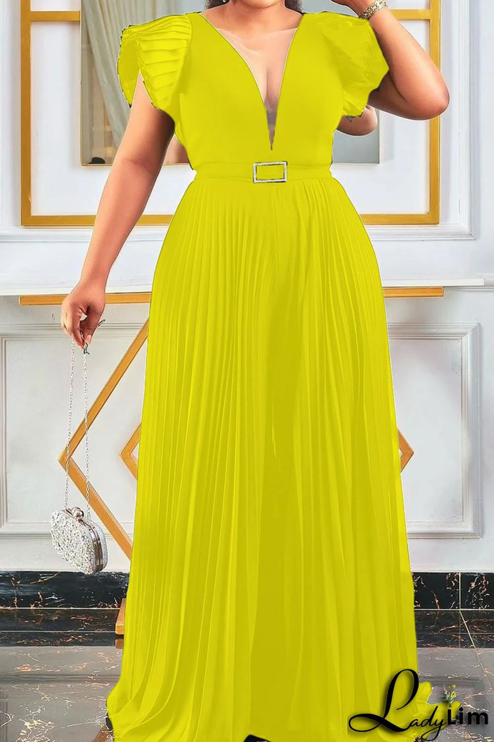Yellow Elegant Solid Split Joint Fold V Neck Loose Jumpsuits