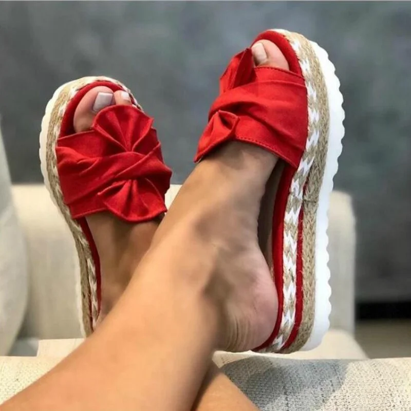 2021 Trend Women Slippers Bow-tied Flock Platform Wedges Heel Open Toe Summer Outdoor Beach Slides Fashion Casual Ladies Shoes