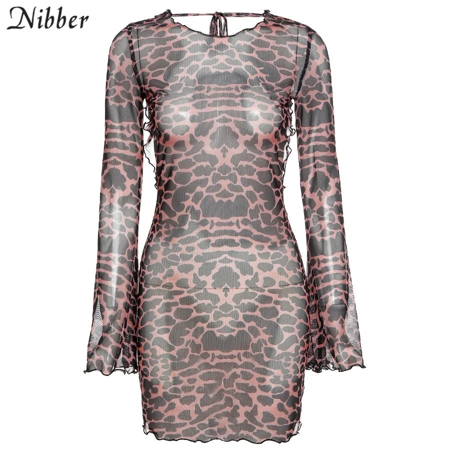 Nibber Party Night Sexy Leopard Backless See-Through Clubwear Women Clothing Flared Sleeves Lace Up Bodycon Mini Street Dresses