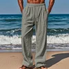 Men's Linen Plain Comfort Breathable Full Length Casual Pants by Inlyline