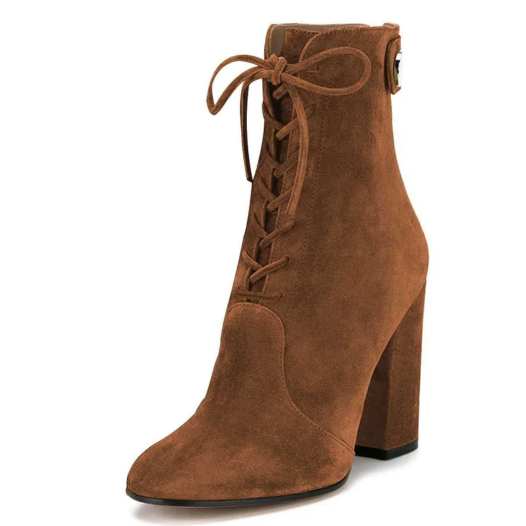 Brown Vegan Suede Lace Up Boots Chunky Heel Ankle Boots |FSJ Shoes