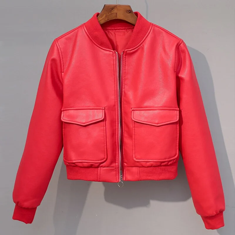 FTLZZ 2020 New Autumn Women Short Silver Pu Faux Leather Jacket O-neck Zipper Long Sleeve Motorcycle Biker Slim Coat Outwear