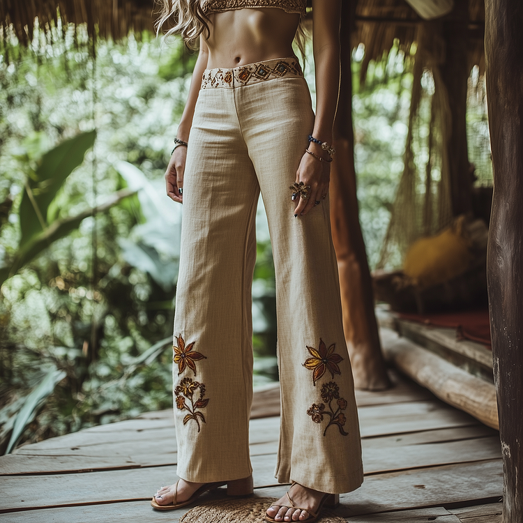 Utbros Women's Ethnic Embroidered Linen Casual Pants