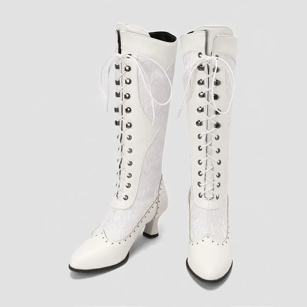 Fashion White Pointed Toe Knee High Heeled Boots with Lace Up