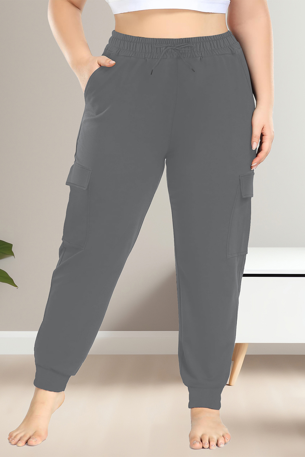 Plus Size Casual Black Drawstring Elastic Waist Pocket Jogger Pants 2024 - Flycurvy 