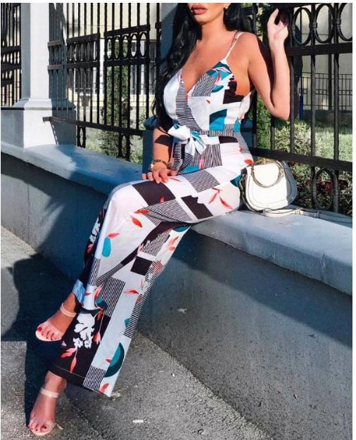 Women's Printed Sexy Backless Deep V-neck Strap Jumpsuit