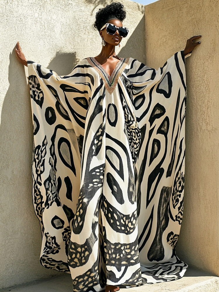 Noir Panthera Linen V-neck Long Kaftan