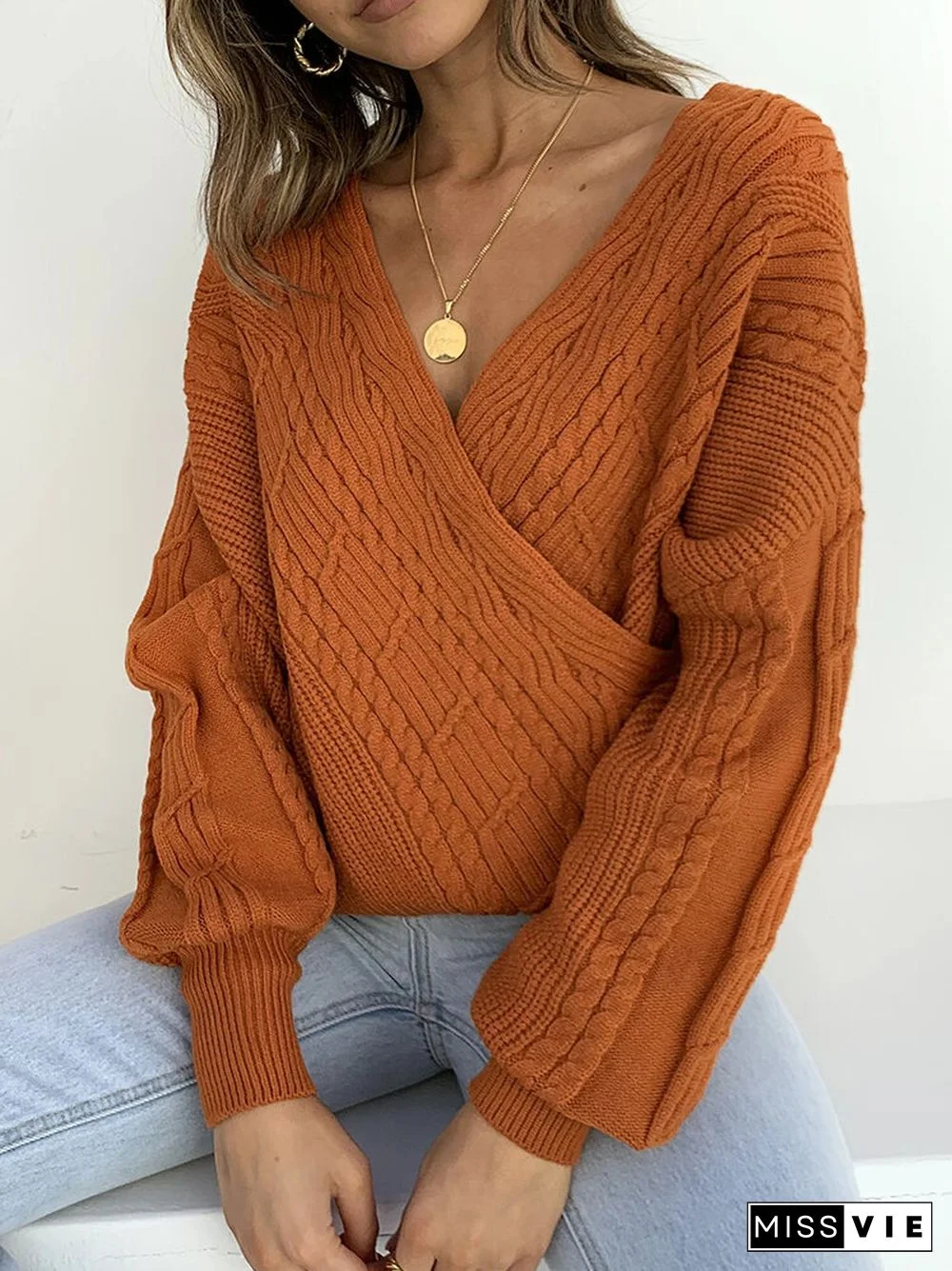 Solid Color V-neck Long Sleeve Sweater