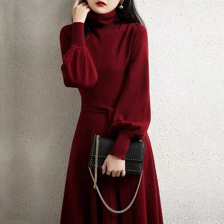 Elegant Long Sleeve Turtleneck Slim Fit A-Line Casual Solid Color Sweater Dress