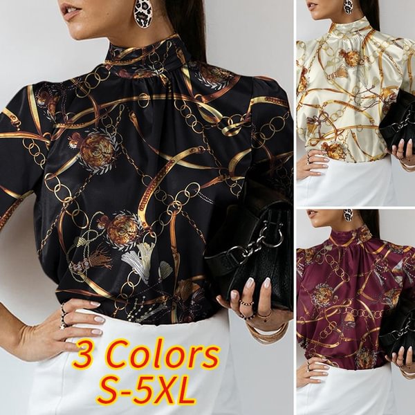 Women Long Sleeve Blouse Floral Print Stand Collar Elegant Casual Office Shirt Plus Size Tops - Shop Trendy Women's Clothing | LoverChic