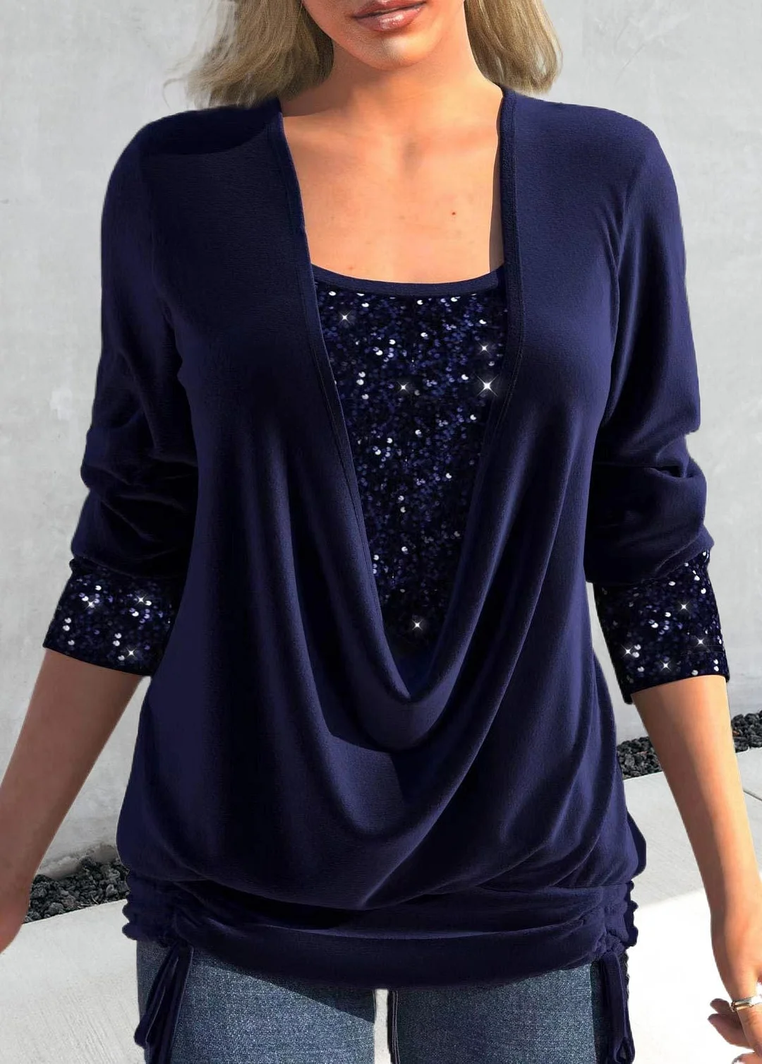 Uveng Sequin Contrast Solid Color Long-sleeved Large Drop Collar Blouses