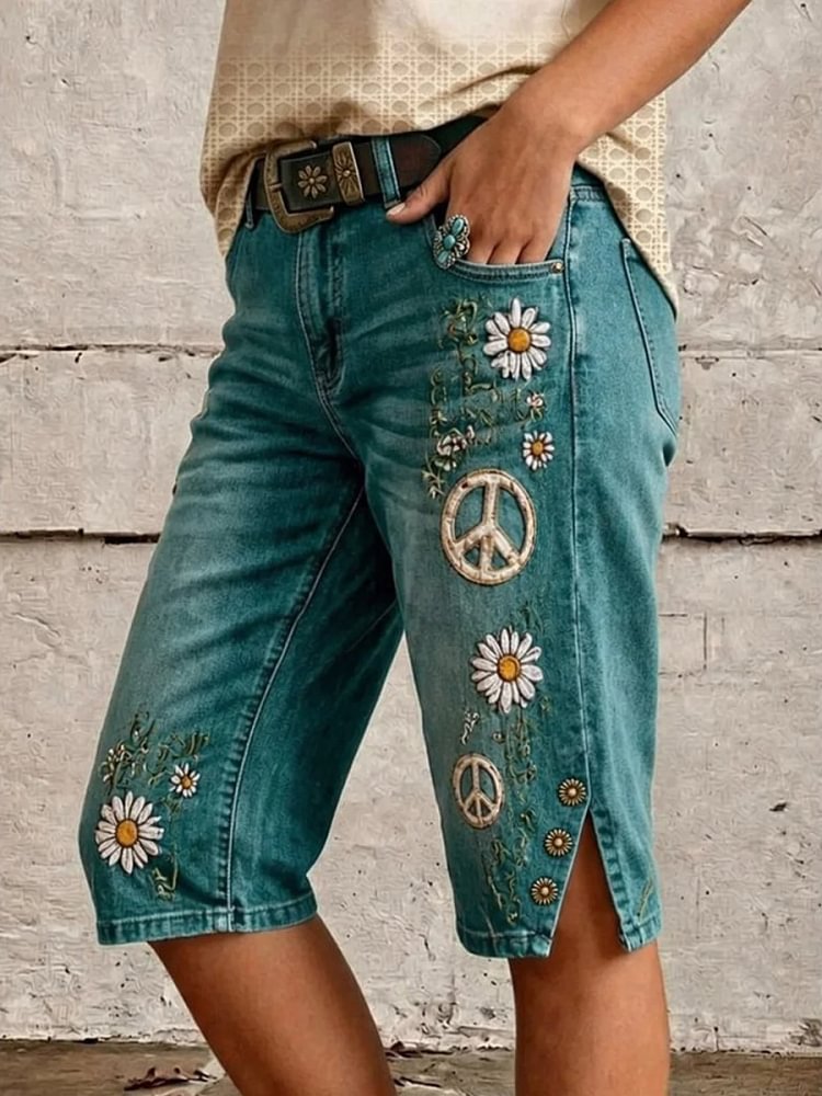 Women's Daisy Peace Sign Print Mid-Length Split Hem Denim Bermuda Shorts