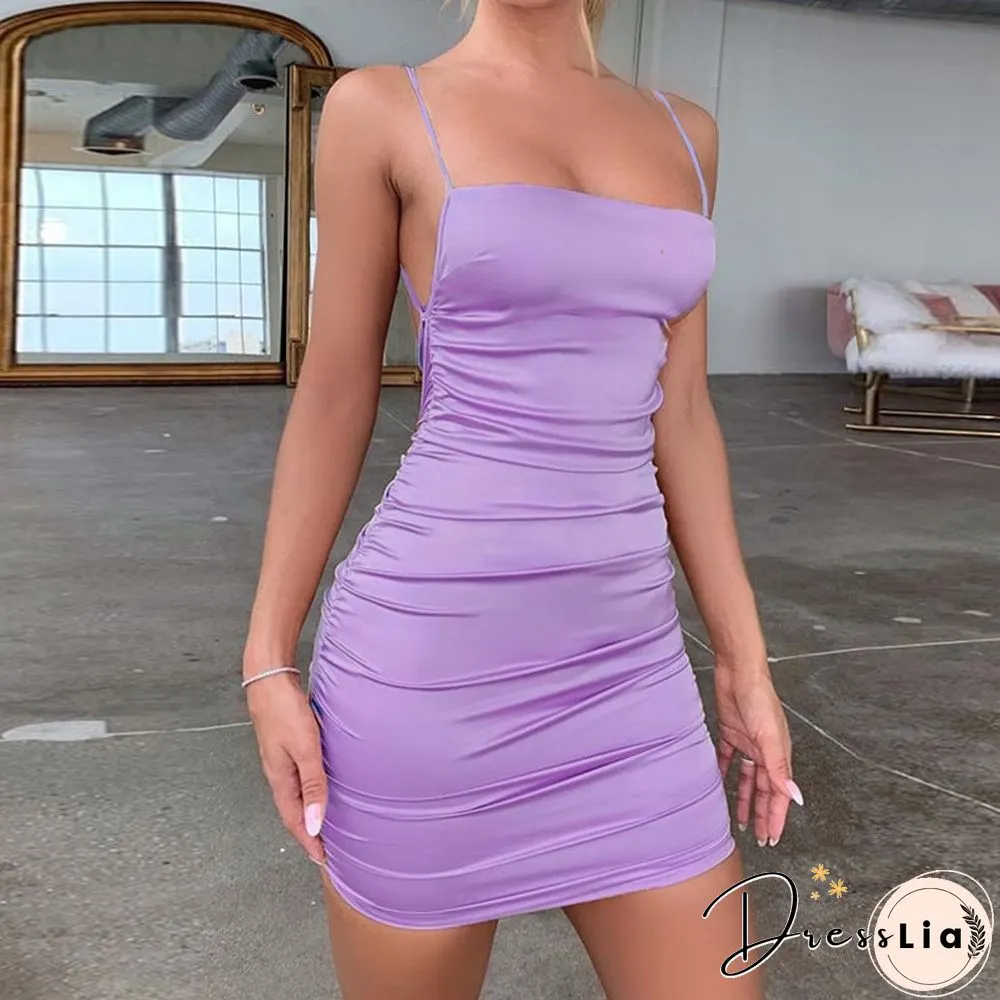 Spaghetti Strap Mini Satin Dress Women Sexy Backless Cross Bandage Bodycon Party Dress Pleated Stretch Short Suit Club Dress