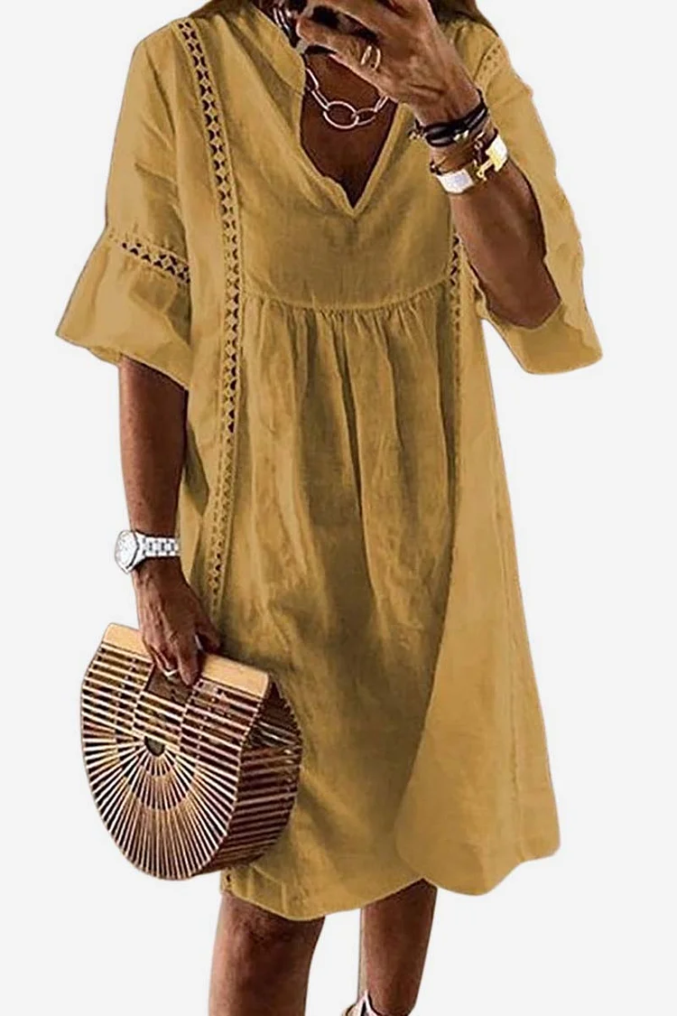 Linen V Neck Flare Sleeve Hollow Out Casual Mini Dress