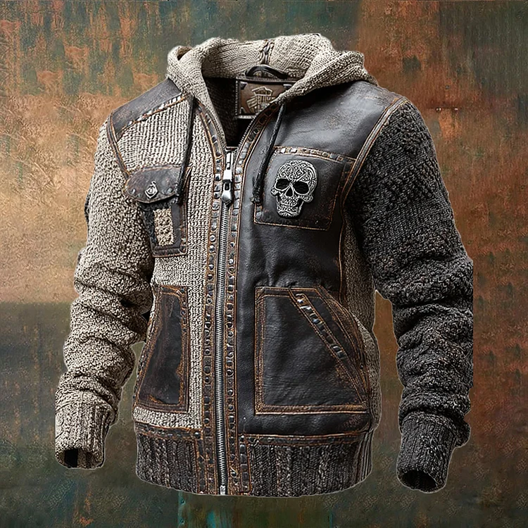 Men's Colorblock Skull Embroidered Leather And Knitted Jacket