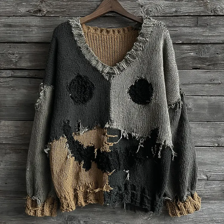 Halloween Spooky Face Contrast Stitching Comfortable V-neck Knitted Sweater