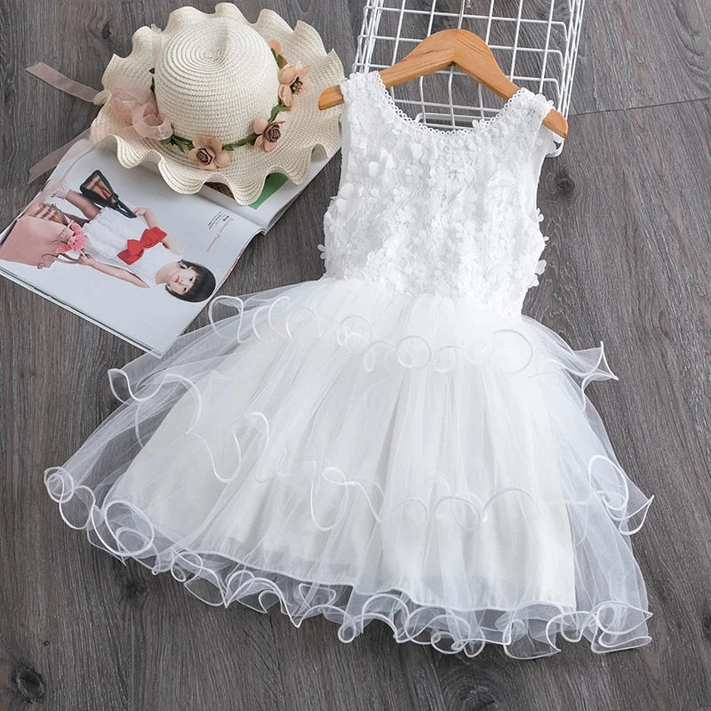 Summer Party Princess Dress For Girls First Communion Flower Bow Tulle Vestido Baby Girl Clothes Birthday Cake Costume For Kids