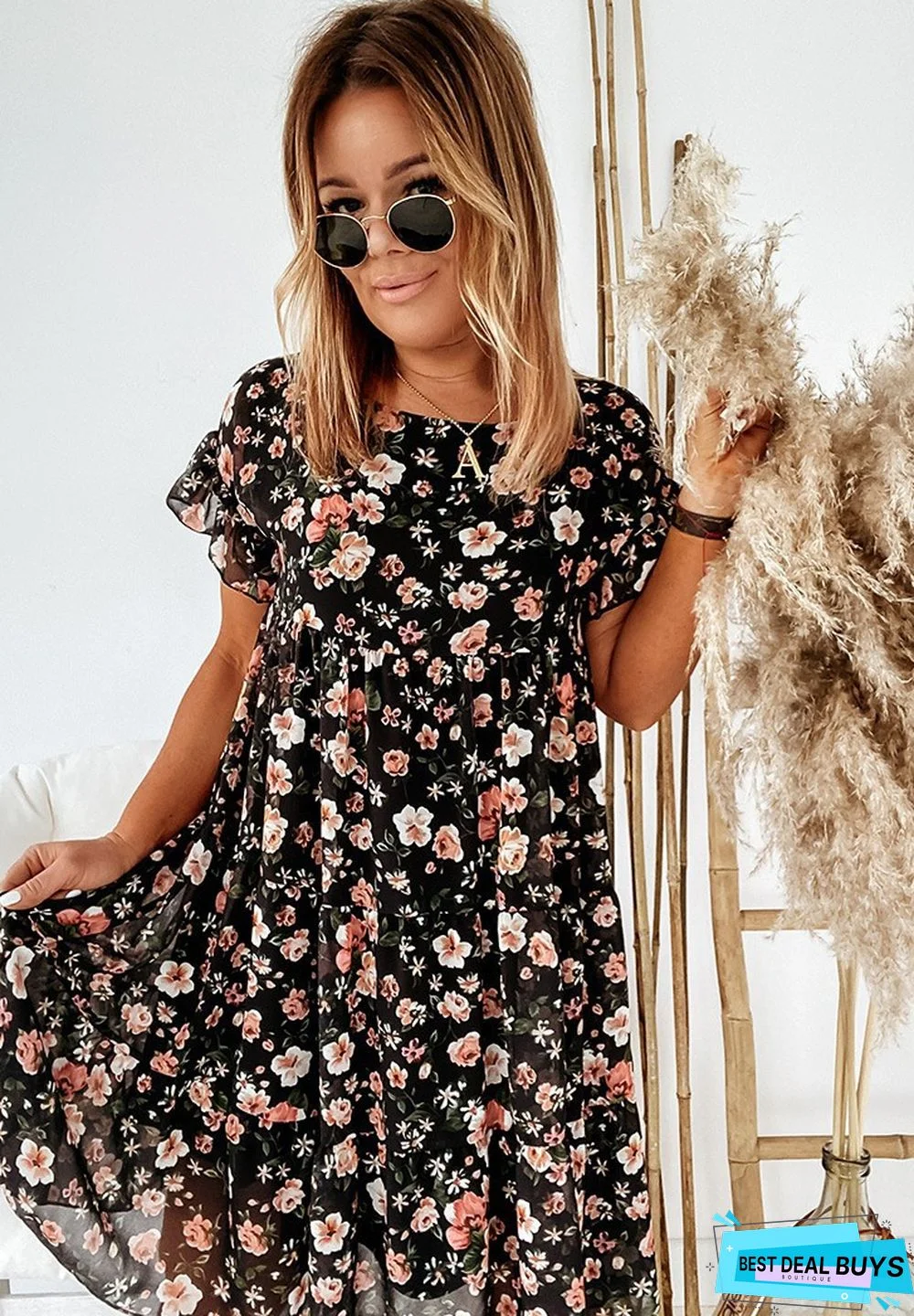 Short Sleeve Round Neck Fashion Sexy Printed Flounce Dress