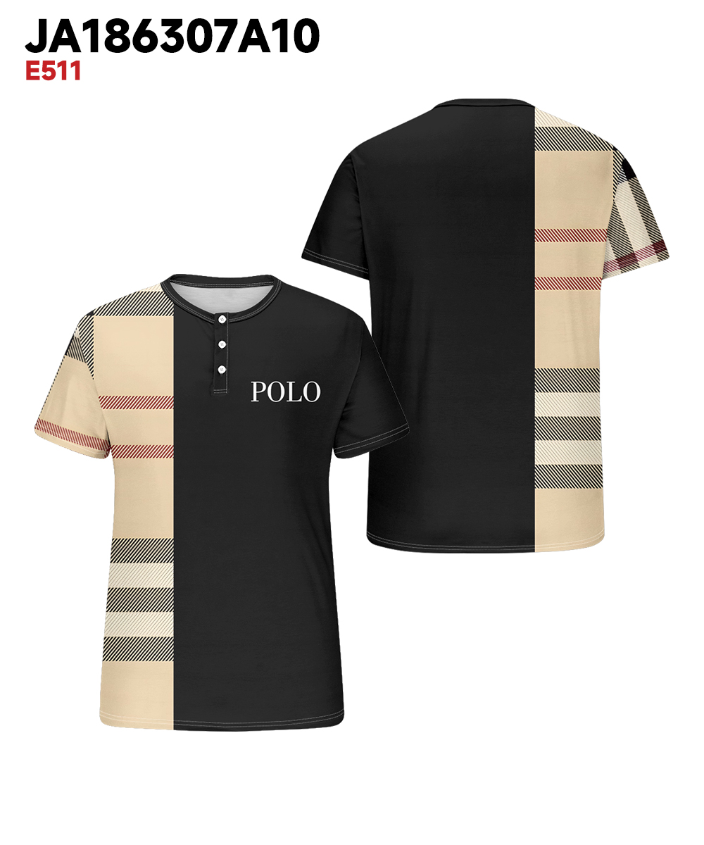 Men's Plus Size Daily Casual Black Khakis Stripe Alphabet Print Henry Collar Button Short Sleeve T-Shirt