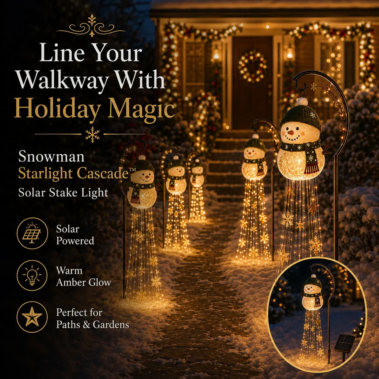 Snowman Christmas lights lining a winter walkway