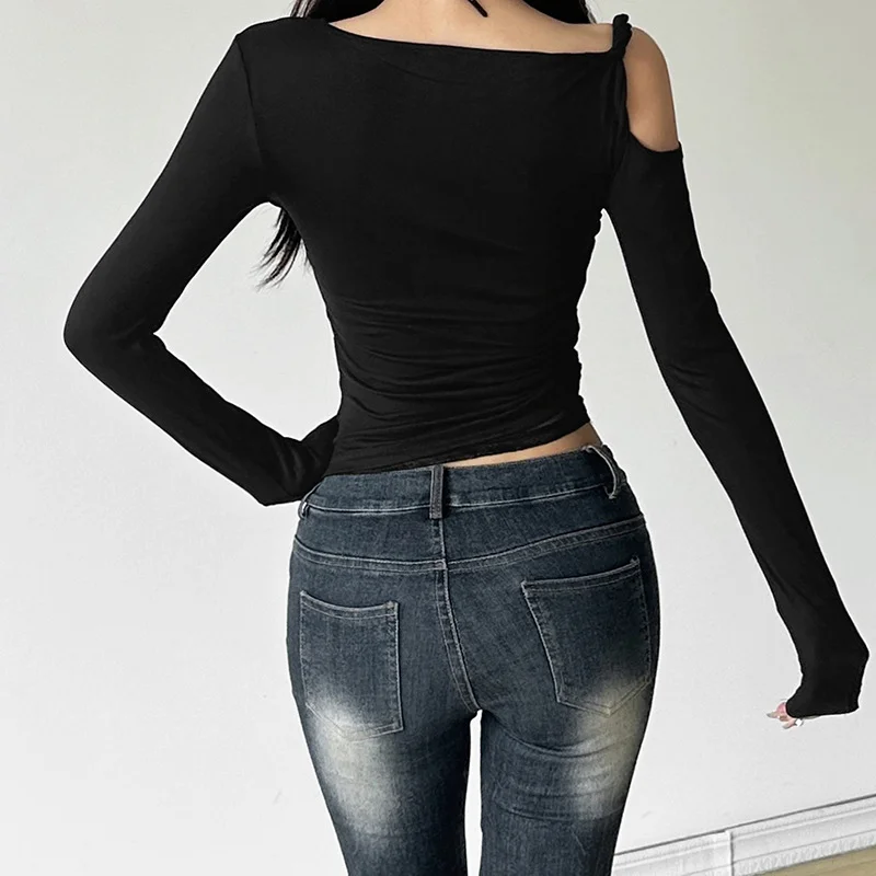 Uveng 2024 Autumn New Women's Clothing Shoulder-Slanted Collar Hollow Perspective Folding Body To Close The Waist On The Umbilical