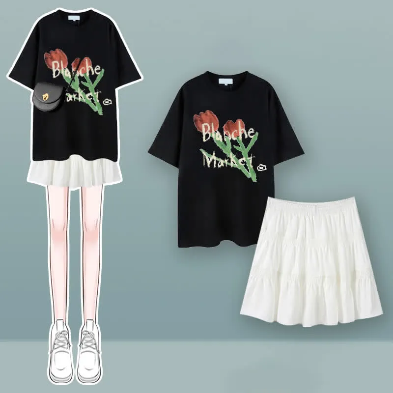Tulip Cherry Blossom Print T-Shirt Pleated Skirt Two Pieces Set