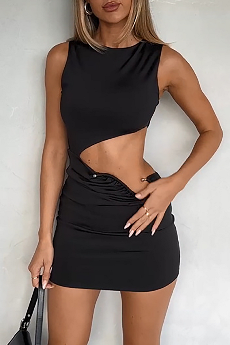Round Neck Sleeveless Cutout Bodycon Mini Dresses-Black