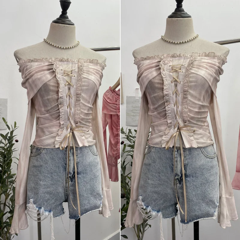 Uveng Vintage Dizzying Rope Tie To Close The Waist Umbilked Short Shoulder Horn Horn Long-Sleeved Top 2592