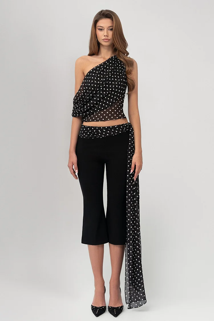 Polka Dot Print Drop Shoulder Top Sash Capri Pants 2pcs Set-Black [Pre Order]
