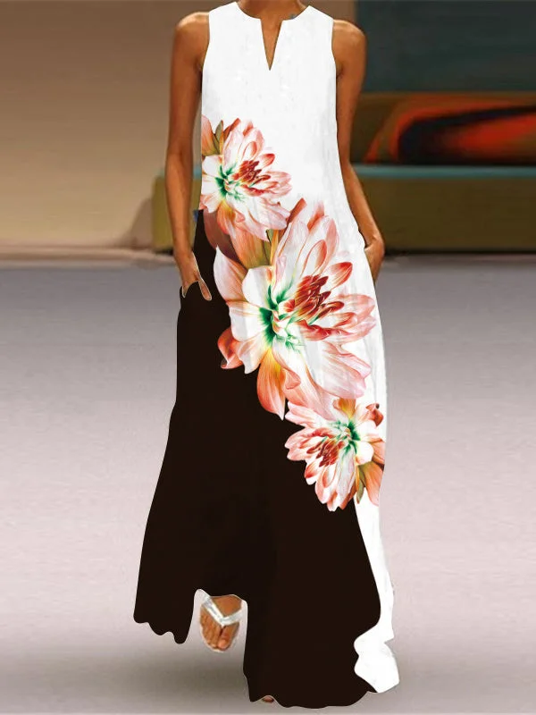 Women's Sleeveless V-neck Floral Printed Maxi Dress