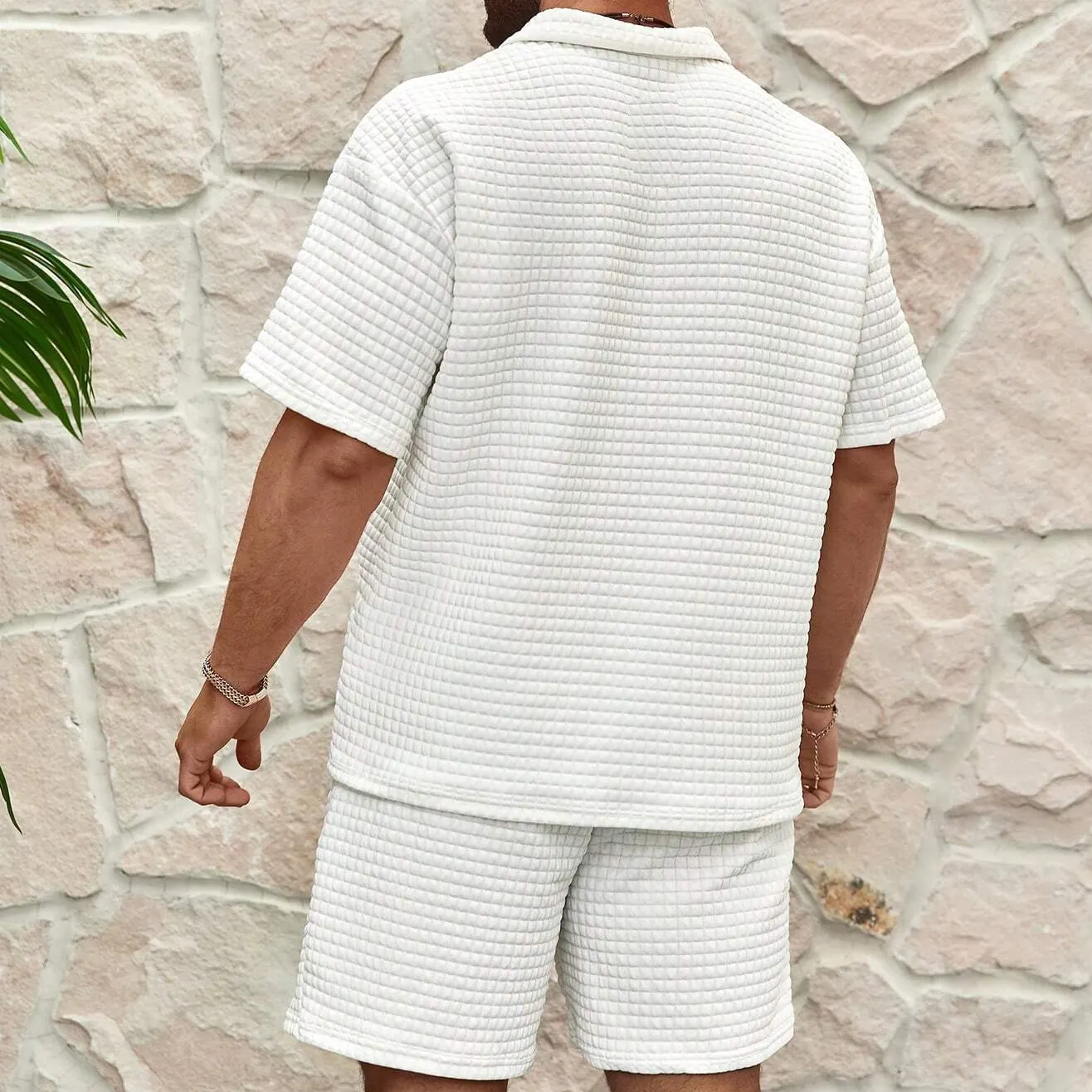 Men's Waffle Knit Leisure Set &ndash; Zip Collar Two-Piece Loungewear &ndash; White