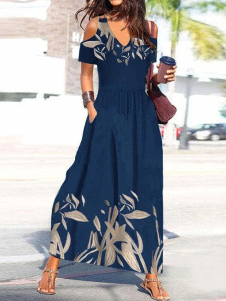 Women Short Sleeve Cold Shoulder V-neck Floral Printed Maxi Dress