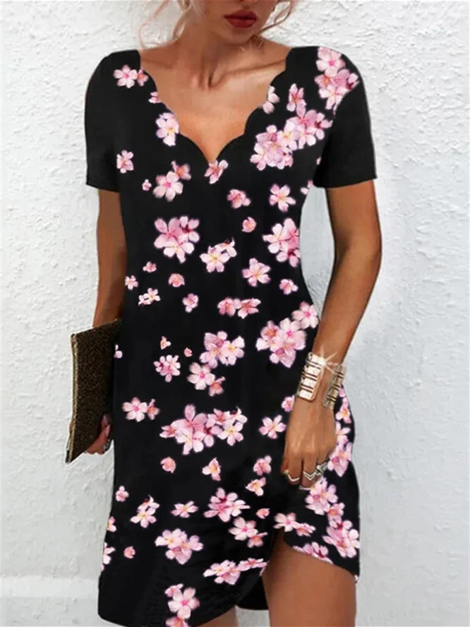 Women Short Sleeve V-neck Floral Printed Midi Dress