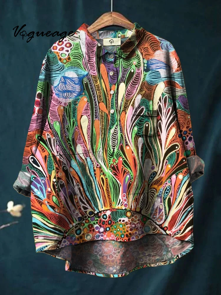 Stylish And Creative Line Plants Printed Cotton And Linen Shirt