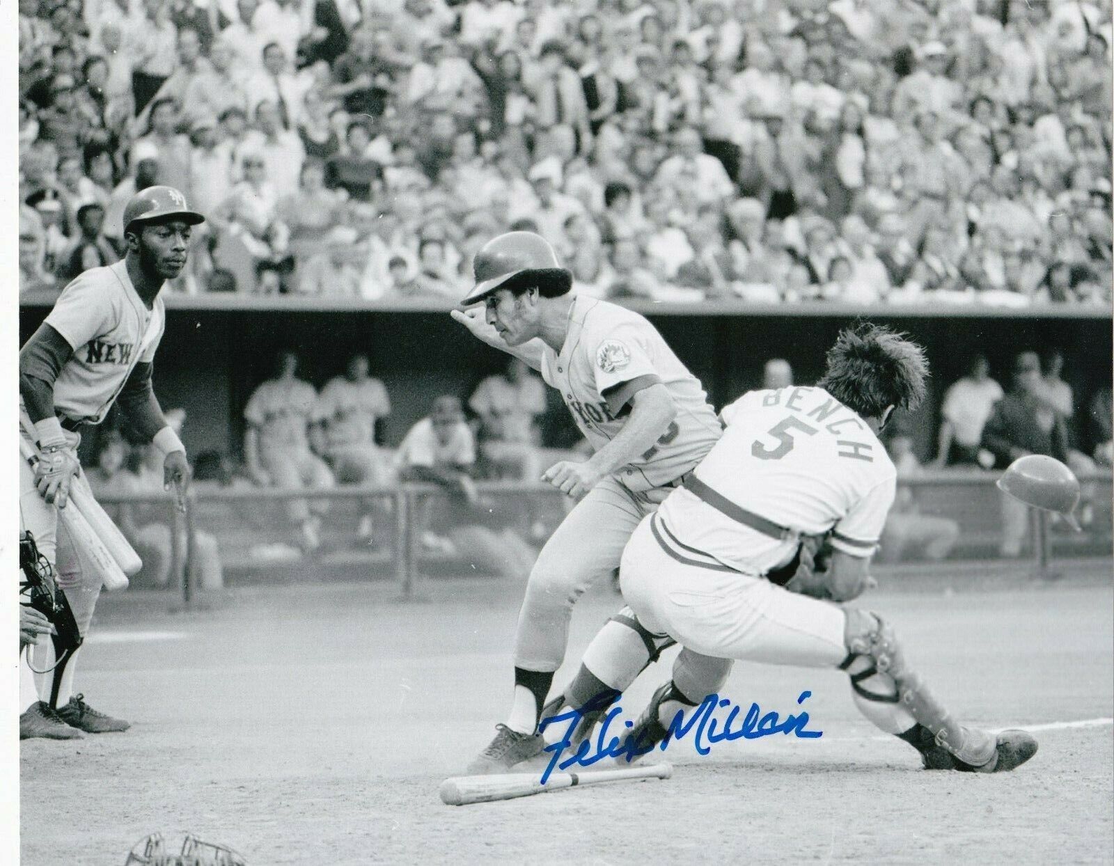 FELIX MILLAN NEW YORK METS W/ JOHNNY BENCH ACTION SIGNED 8x10