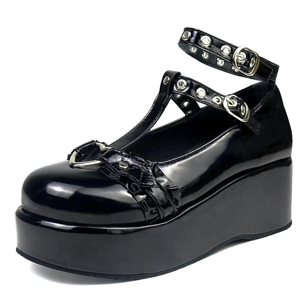 Brand New Sweet Black Halloween Vampire Gothic Lolita Style Girls Pink Bat Wings Ruffles Mary Janes Flats Platform Shoes Women