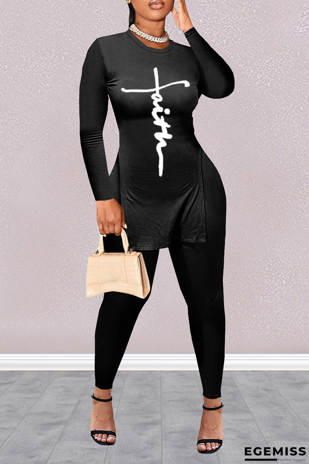 Black Casual Print Patchwork O Neck Long Sleeve Two Pieces | EGEMISS