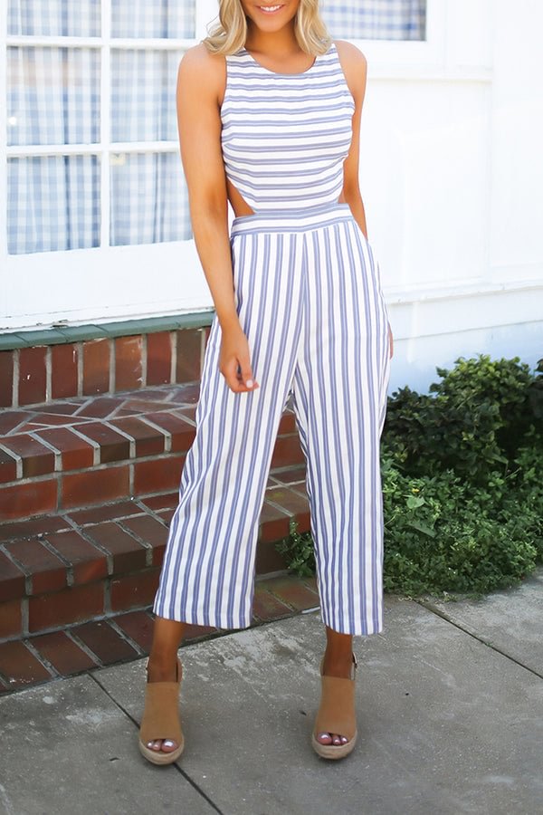 Fashion Stripe Backless Sleeveless Jumpsuit
