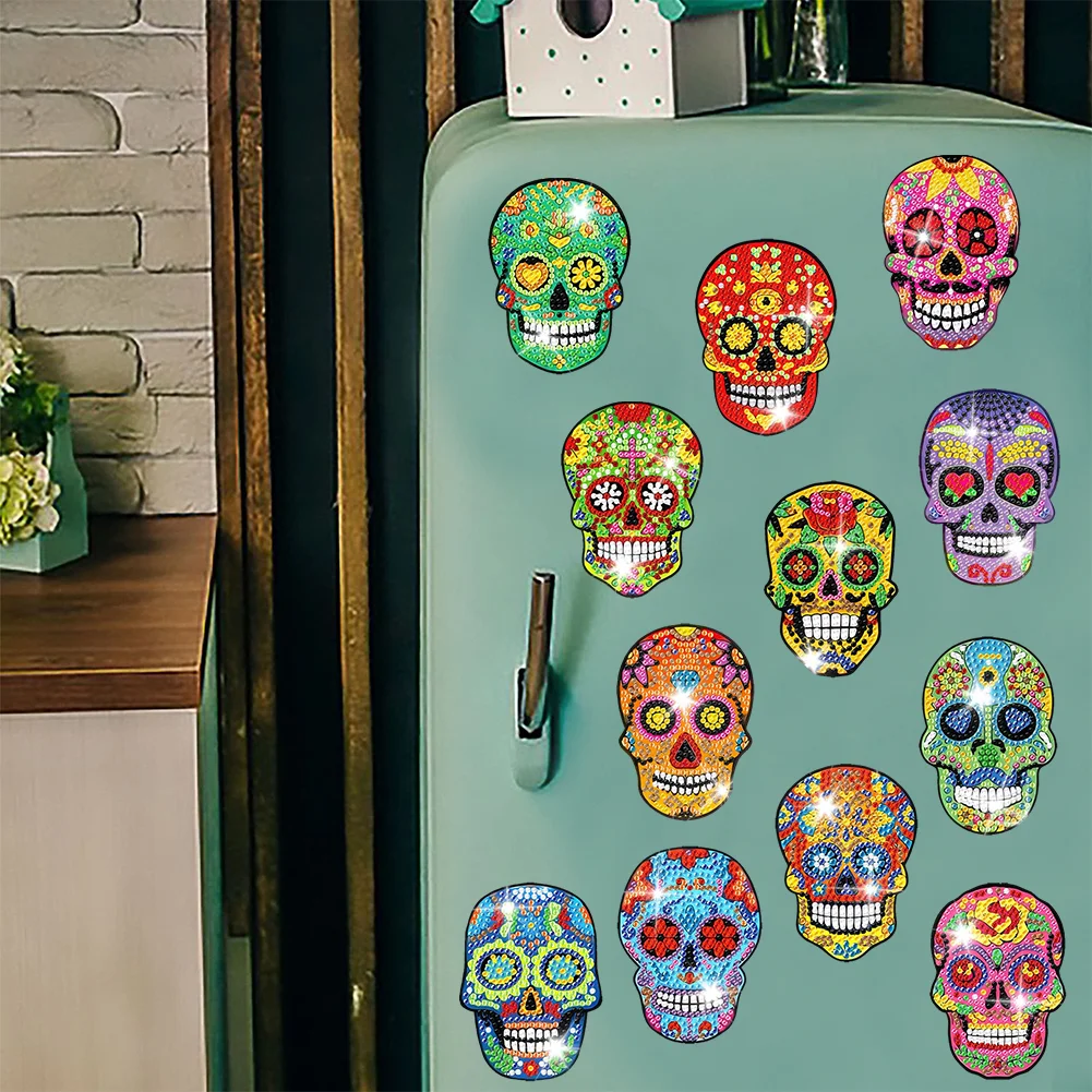 12pcs DIY Skull Diamond Painting Magnets Refrigerator for Adult Kid Fridge Car