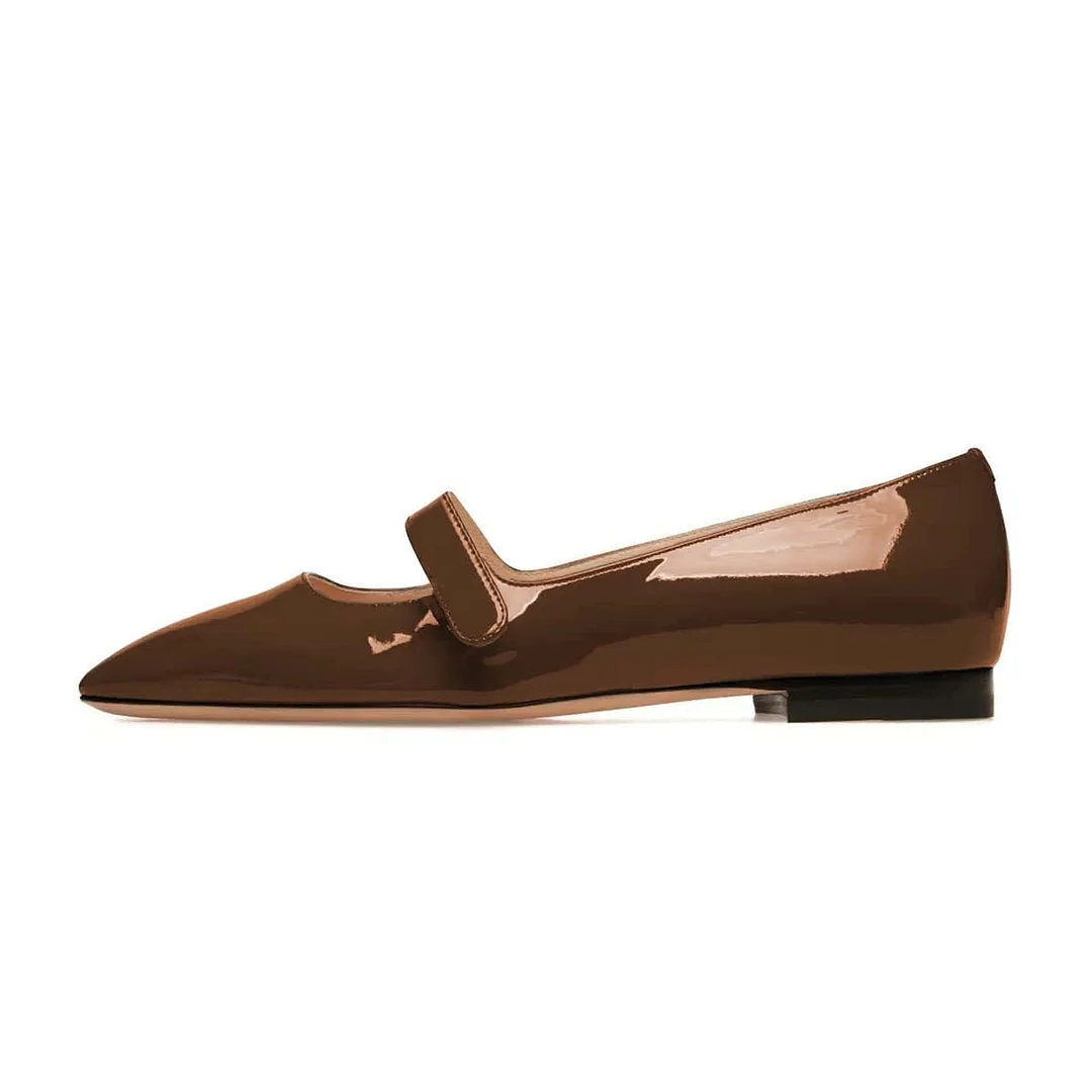 Casual Brown Patent Leather Square Toe Flats with Vamp Strap