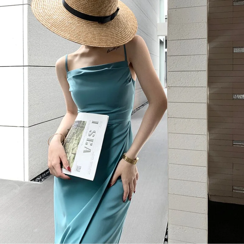 Bornladies Women 2021 Elegant Slash Neck Sleeveless Solid Dress Office Ladies Summer Strap Lace-up Slim Waist Spit Party Vestido