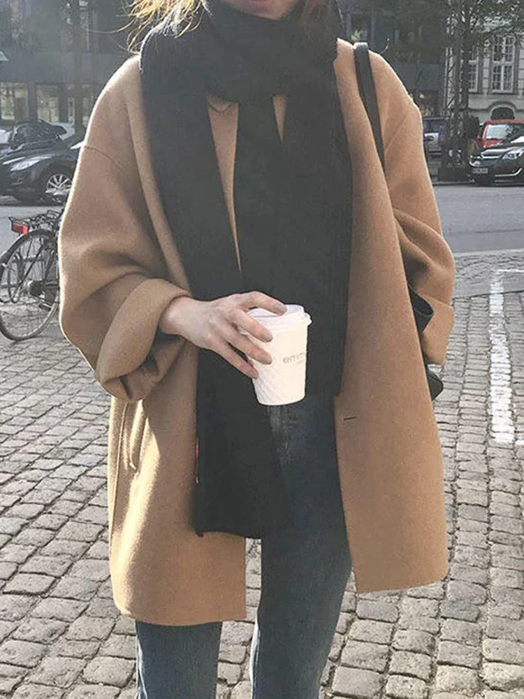 Huiketi Autumn Women Faux Wool Coat Long Sleeve Single Breasted Fashion Turn Down Female Blends Causal Loose Winter Outwear